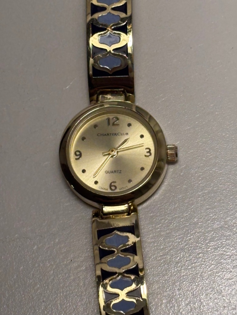 Charter Club Women’s Watch Light Gold Tone Blue Pattern Band – Not Working
